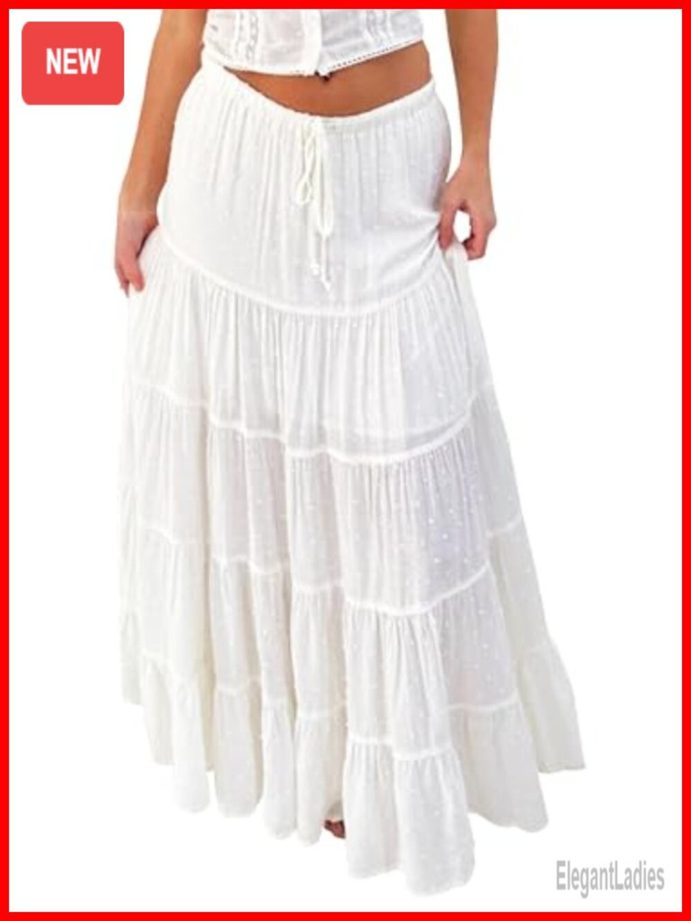Women's White Maxi Skirt Elastic Waist A-Line Pleated Boho Beach Long Skirt